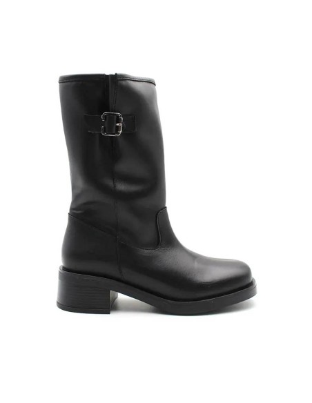 Bota media caña negra de piel con hebilla para mujer