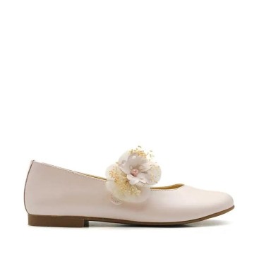 Zapatos primera comunión niña marfil con flor decorativa lateral