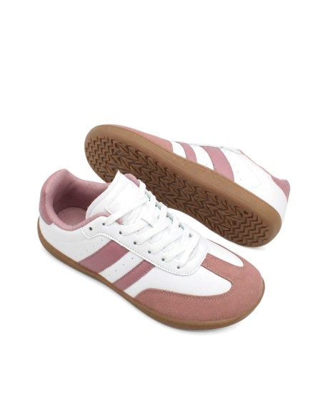 Vista lateral de bamba barefoot blanca y rosa para mujer