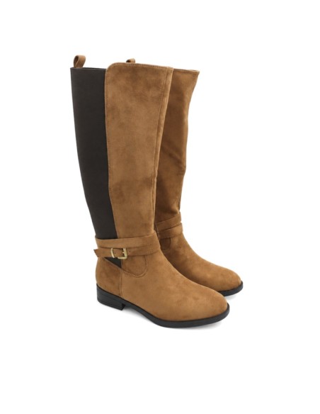 Bota camel mujer con caña elástica y hebilla