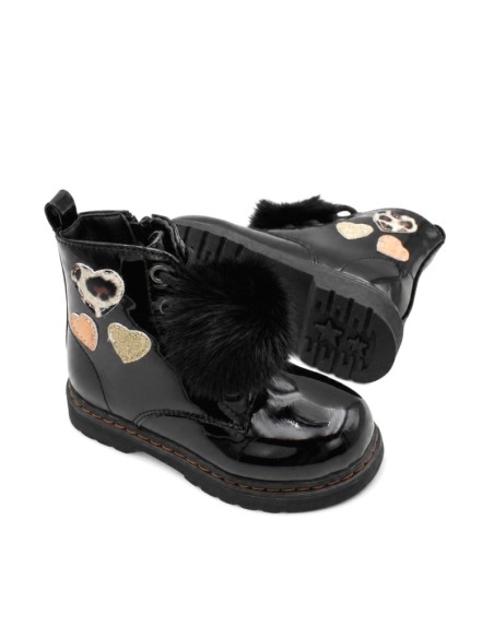 Botas militares negras niña con pompón decorativo