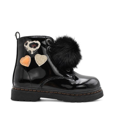 Bota militar pompón de charol negra