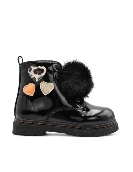 Bota militar de charol negra niña con pompón y corazones