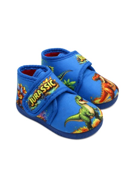 Vista diagonal de zapatillas casa dinosaurios azul