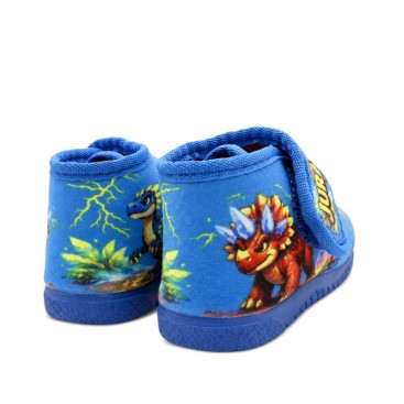 Vista trasera de zapatillas de casa azul con dinosaurios