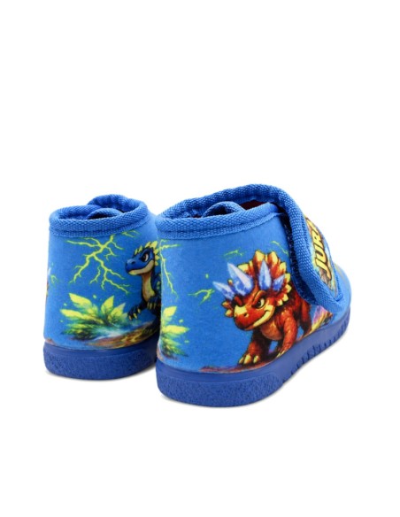 Vista trasera de zapatillas de casa azul con dinosaurios