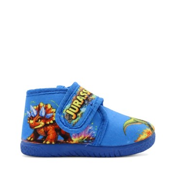 Zapatilla de casa azul con dinosaurios vista lateral