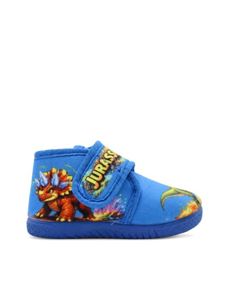 Zapatilla de casa azul con dinosaurios vista lateral