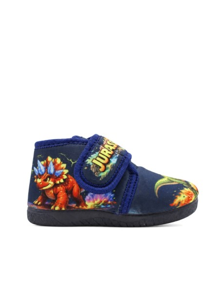 Zapatilla dinosaurio azul marino con velcro vista lateral