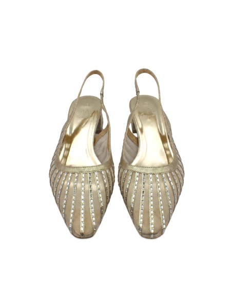 Vista frontal de zapato destalonado dorado para mujer