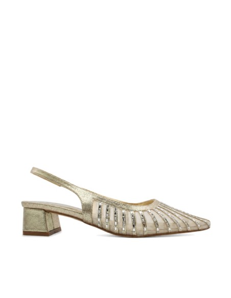 Zapato destalonado dorado mujer de fiesta vista latera