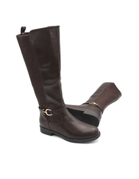 Bota marrón mujer con panel elástico y hebilla decorativa