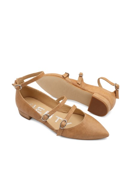 Bailarinas camel Vienty con triple tira y hebillas