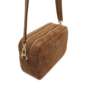 Bolso camel de piel serraje con doble cremallera