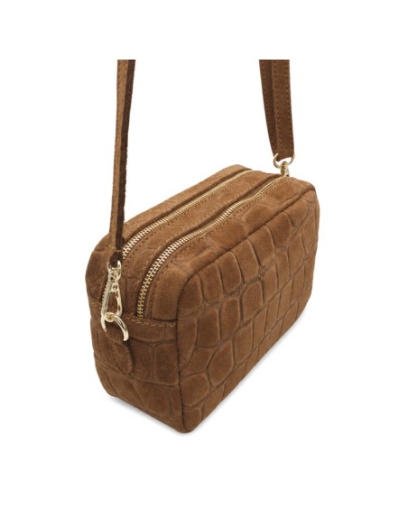 Bolso camel de piel serraje con doble cremallera