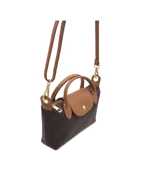 Bolso de piel marrón chocolate con asas camel