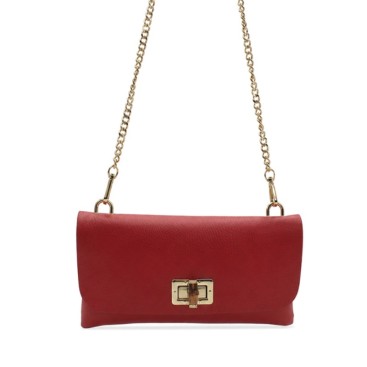 Bolso cartera rojo de piel bombeada con cadena dorada y cierre efecto bambú