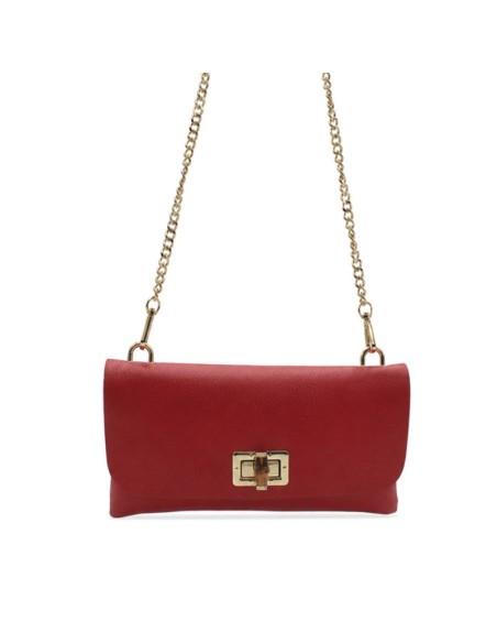 Bolso cartera rojo de piel bombeada con cadena dorada y cierre efecto bambú