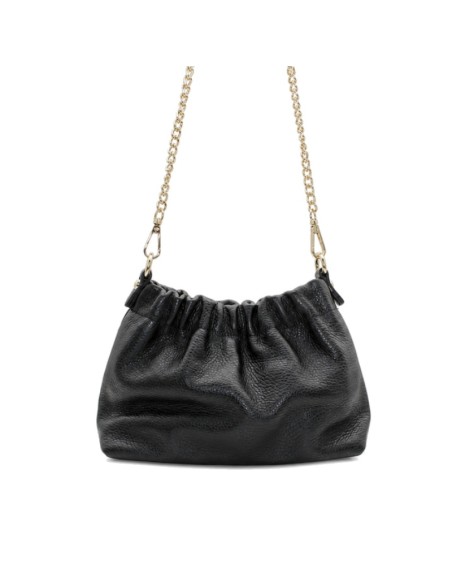 Bolso pequeño fruncido negro de piel con cadena metálica dorada