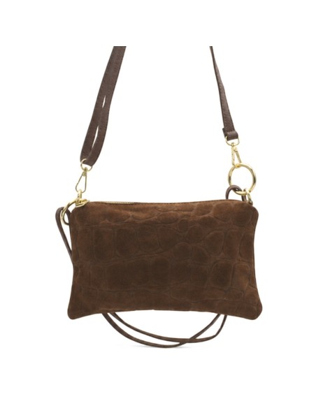 Bolso crossbody camel de serraje con grabado efecto cocodrilo