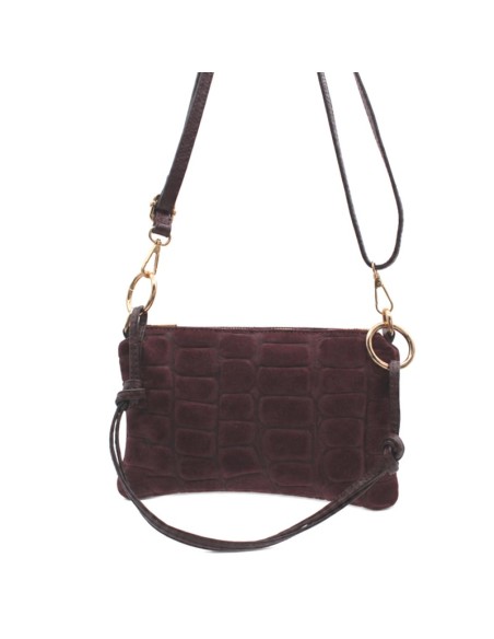 Bolso crossbody burdeos de serraje con grabado efecto cocodrilo