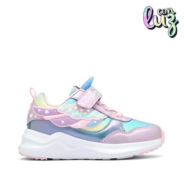 Zapatilla Conguitos unicornio lila para niña con luces en las alas y suela blanca