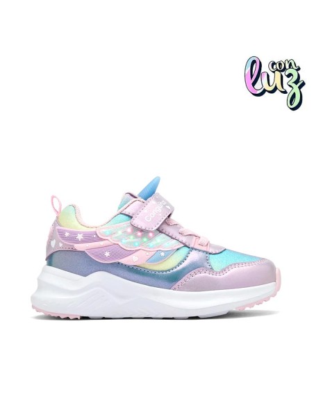 Zapatilla Conguitos unicornio lila para niña con luces en las alas y suela blanca