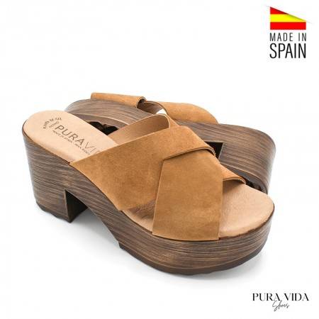 ZUECO DE PIEL CON TACÓN Y PLATAFORMA EN COLOR CAMEL - SANDALIAS MUJER
