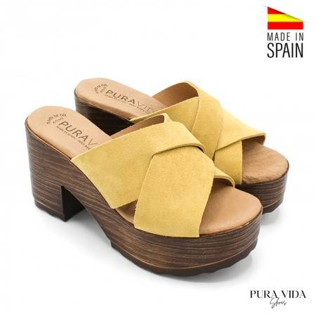 ZUECO DE PIEL CON TACÓN Y PLATAFORMA COLOR MOSTAZA - SANDALIAS MUJER