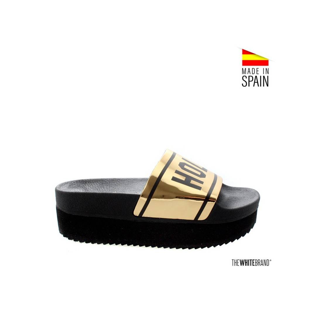 CHANCLAS CON PLATAFORMA PARA MUJER DORADO Y NEGRO - THEWHITEBRAND