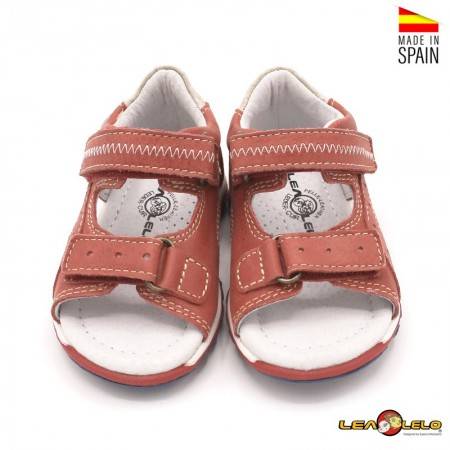 Sandalias Bebe Niño color Rojo con doble Velcro de Piel