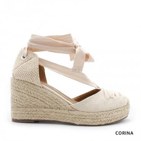Alpargatas con Cuña Esparto y Cintas en color Beige - CORINA