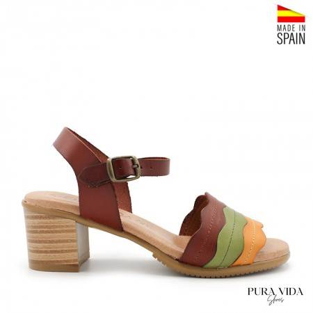 Sandalias de Piel tacón medio color Cuero, Verde y Mostaza