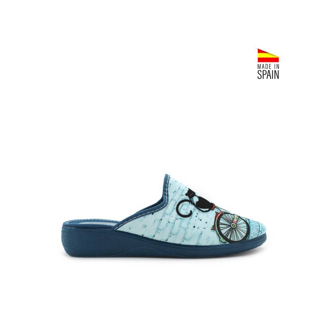 Zapatillas de Casa con Cuña color Azul con dibujo gato