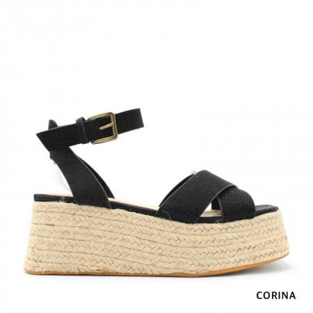 SANDALIA NEGRA CON RELIEVE COCO Y PLATAFORMA DE ESPARTO