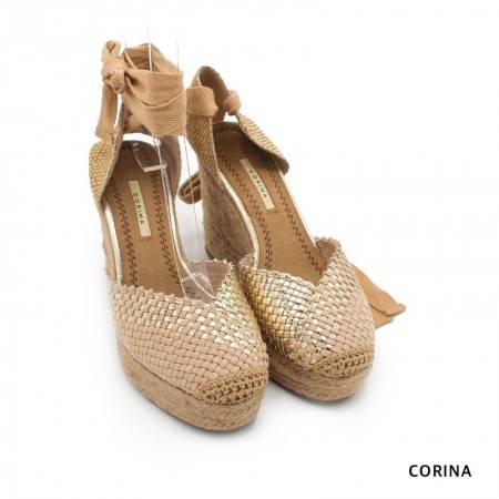 Valencianas con Cuña color Camel y dorado con lazada Corina