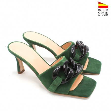 sandalias tacon fino cadena verde