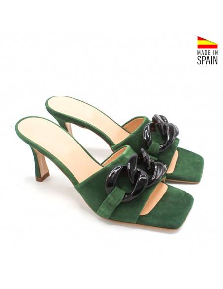sandalias tacon fino cadena verde