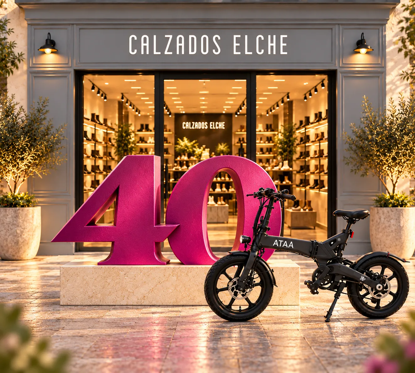 Fachada de Calzados Elche con el 40 del aniversario (1986-2026) y una bicicleta eléctrica ATAA Bikes, que sorteamos entre quienes compren.