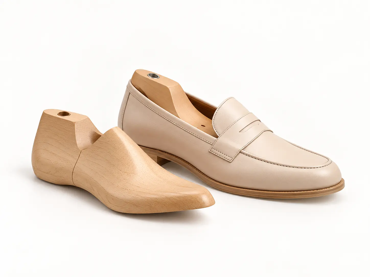 Horma de madera junto a un zapato mocas&iacute;n beige, mostrando el molde utilizado para definir la forma del calzado.